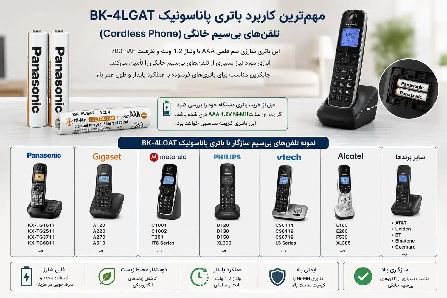 باتری شارژی نیم قلمی پاناسونیک AAA مدل BK-4LGAT با 700mAh و 1.2 ولت | بسته 2 عددی — تصویر ۳