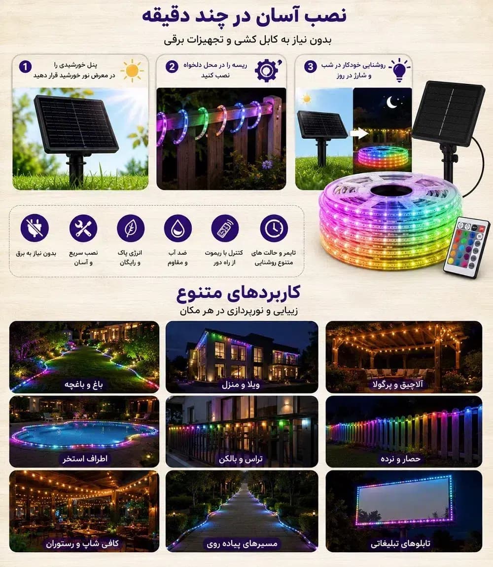 ریسه خورشیدی RGB مودی 30 متری مدل IR-MD7030 | ریموت کنترل و ضدآب — تصویر ۳