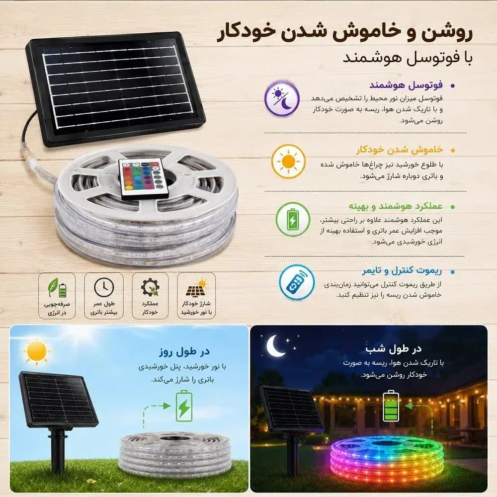 ریسه خورشیدی RGB مودی 30 متری مدل IR-MD7030 | ریموت کنترل و ضدآب — تصویر ۲