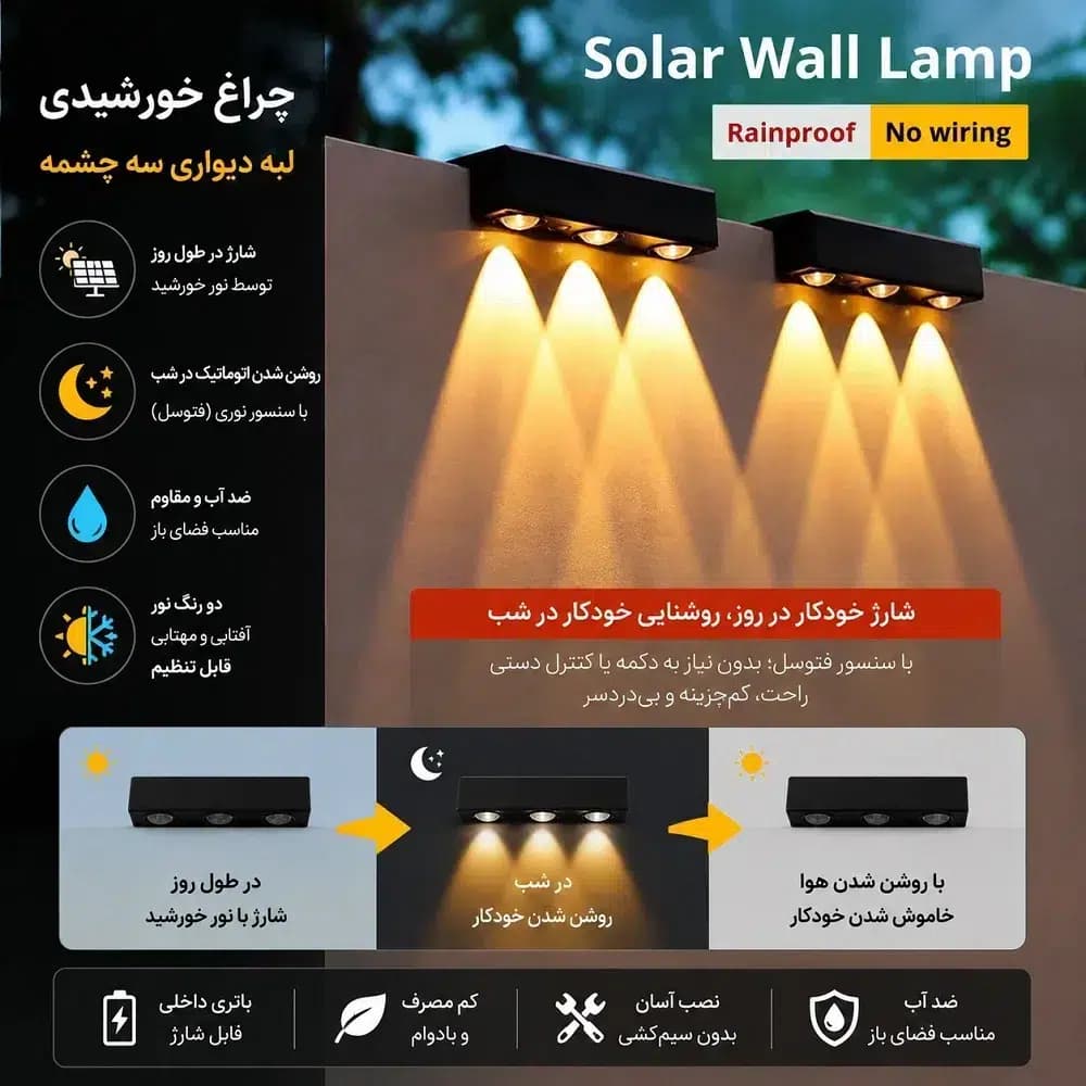 چراغ خورشیدی سردیواری لبه دیوار | ضدآب، دو رنگ آفتابی و مهتابی — تصویر ۲