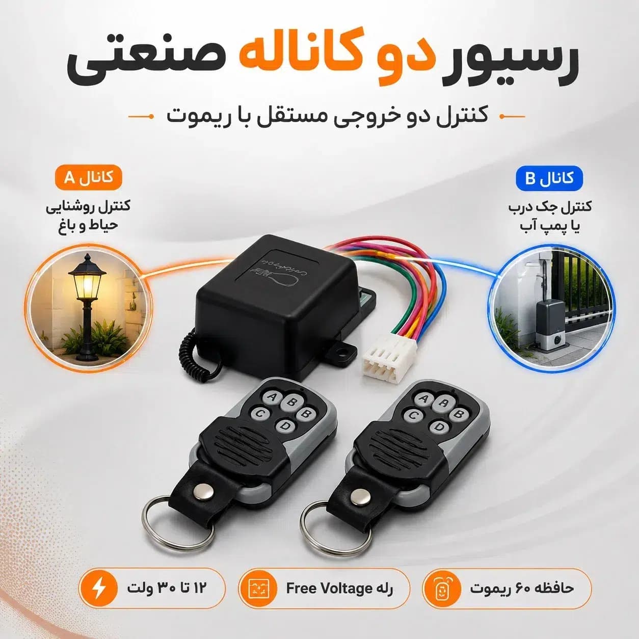 رسیور دوکاناله صنعتی زانیس | گیرنده ریموت دو رله سازگار بتا برای درب و کرکره برقی — تصویر ۲
