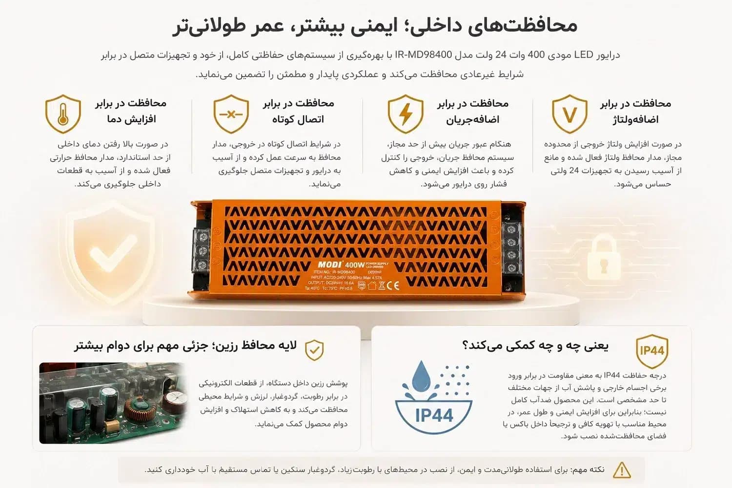 درایور LED مودی 400 وات 24 ولت مدل IR-MD98400 | پاور صنعتی 24V 16.6A بدنه آلومینیومی — تصویر ۳