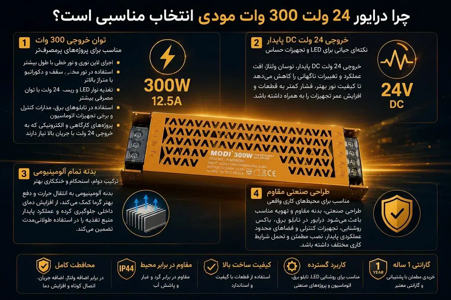 درایور 24 ولت 300 وات مودی | پاور سوئیچینگ 24V 12.5A بدنه آلومینیومی — تصویر ۲