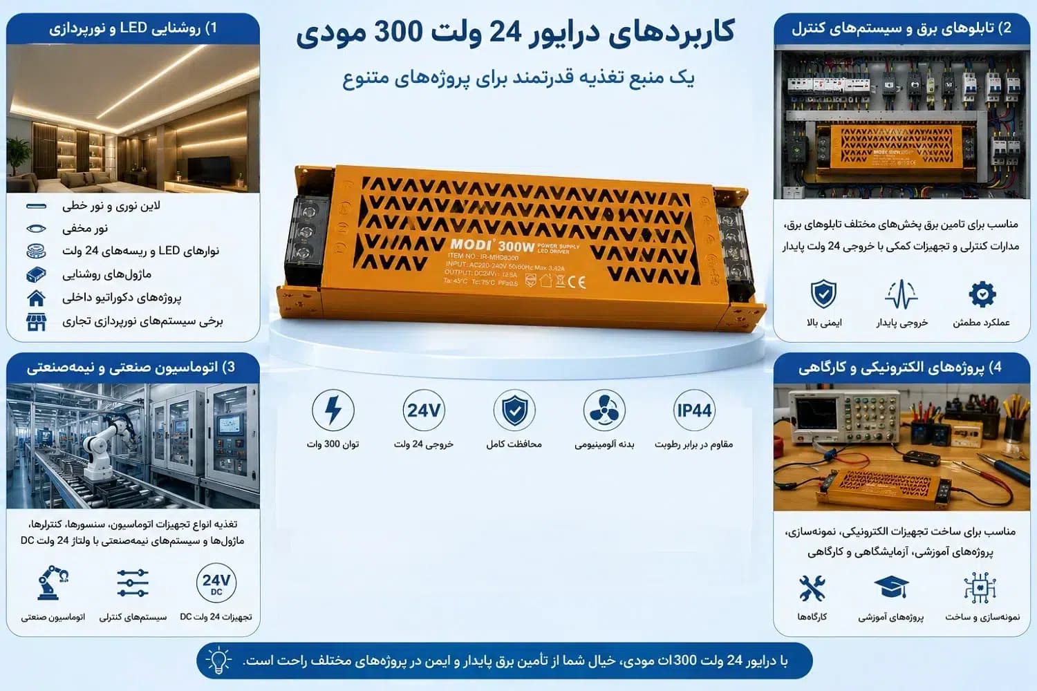درایور 24 ولت 300 وات مودی | پاور سوئیچینگ 24V 12.5A بدنه آلومینیومی — تصویر ۵