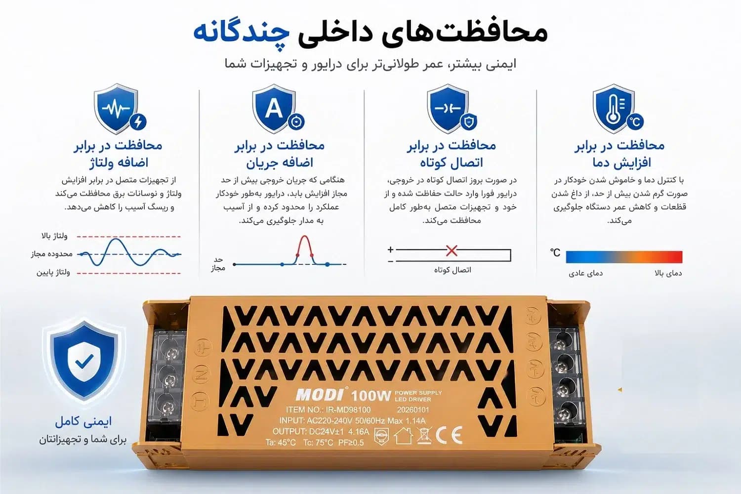 درایور LED مودی 24 ولت 100 وات مدل IR-MD98100 | منبع تغذیه سوئیچینگ 4.16 آمپر آلومینیومی — تصویر ۲