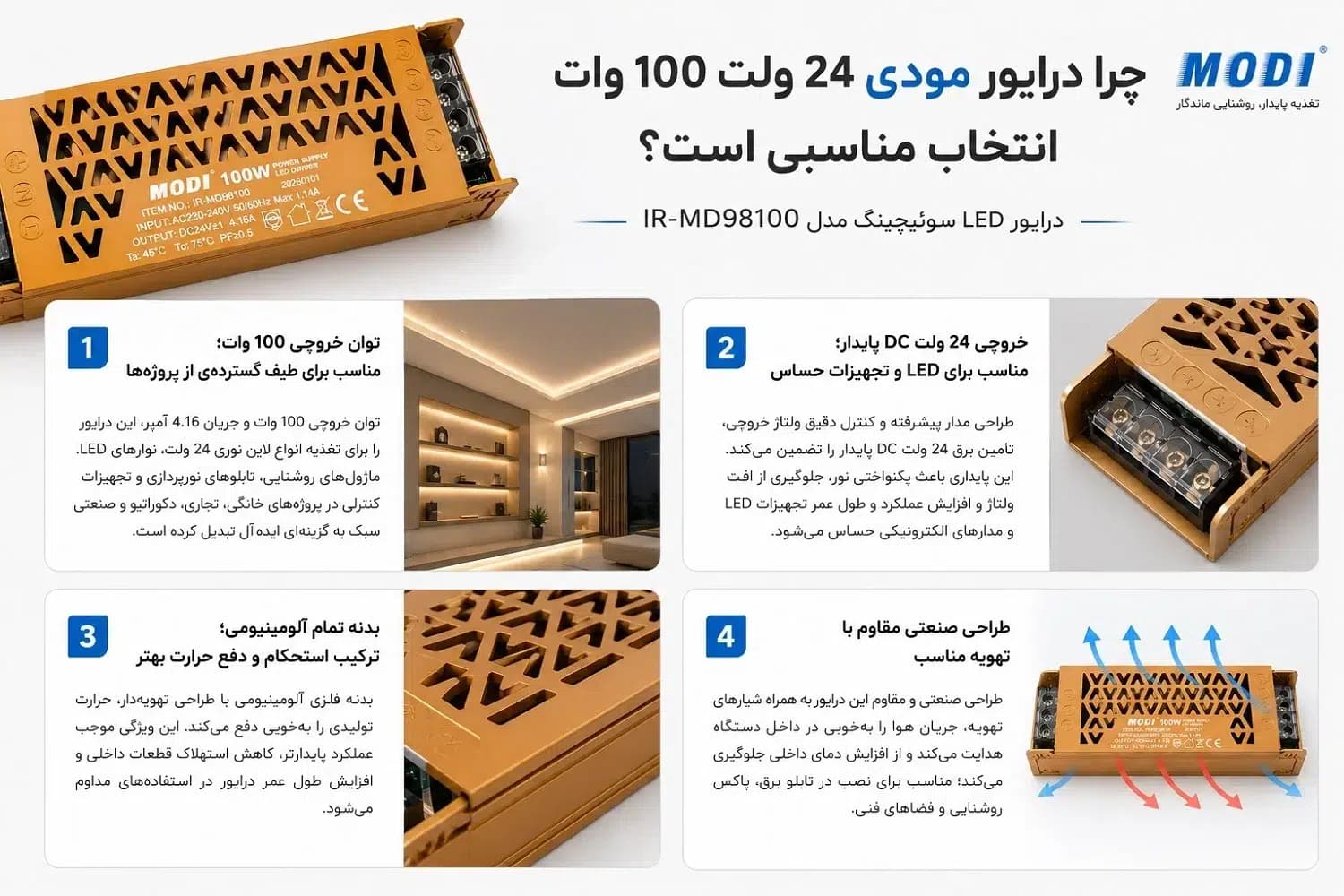 درایور LED مودی 24 ولت 100 وات مدل IR-MD98100 | منبع تغذیه سوئیچینگ 4.16 آمپر آلومینیومی — تصویر ۳