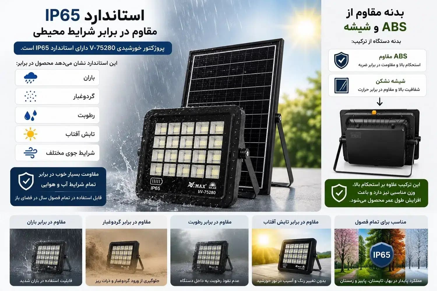 پروژکتور خورشیدی 280 وات ویمکس V.MAX مدل V-75280 | روشنایی 12 ساعته با گارانتی — تصویر ۶