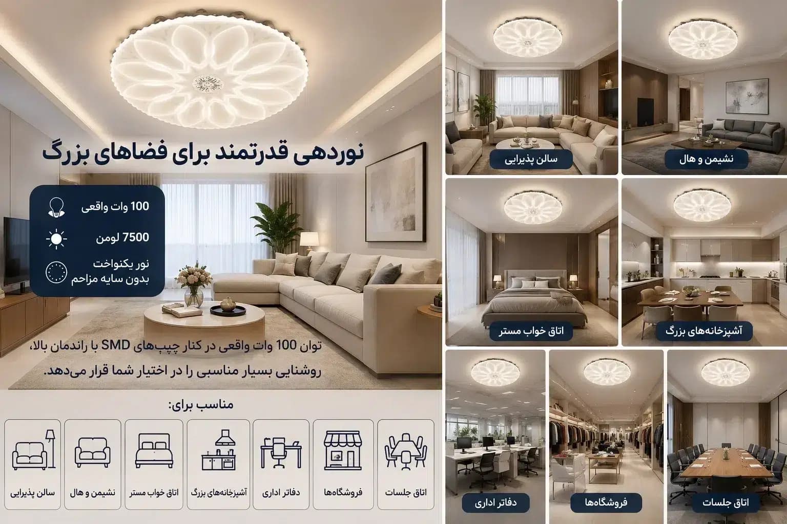 چراغ سقفی مدرن 100 وات طرح گل نیلوفر | ریموت دار سه حالته | نورسازان آلما با گارانتی — تصویر ۴