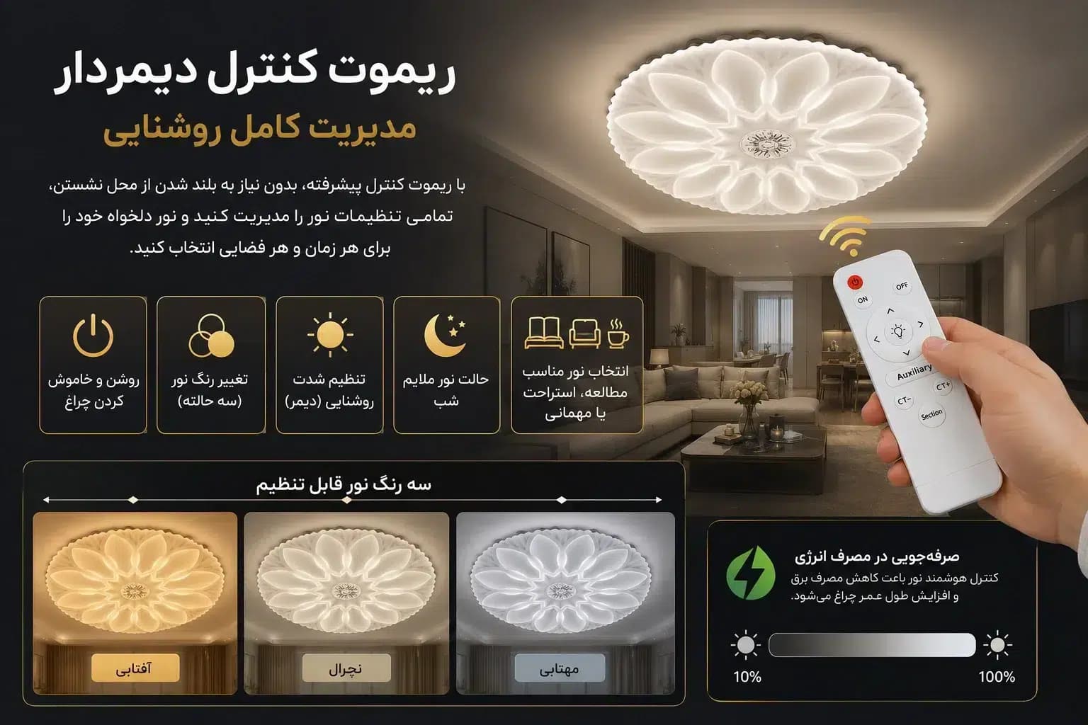 چراغ سقفی مدرن 100 وات طرح گل نیلوفر | ریموت دار سه حالته | نورسازان آلما با گارانتی — تصویر ۶