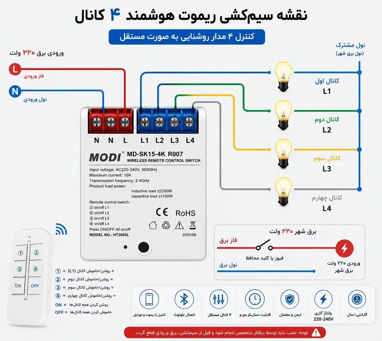 ریموت هوشمند ۴ کانال مودی با گارانتی | کنترل حرفه‌ای روشنایی با موبایل و ریموت — تصویر ۴