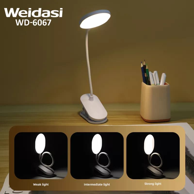 چراغ مطالعه شارژی WD-6067 ویداسی | نور سه حالته + دیمر لمسی + گیره دار — تصویر ۷