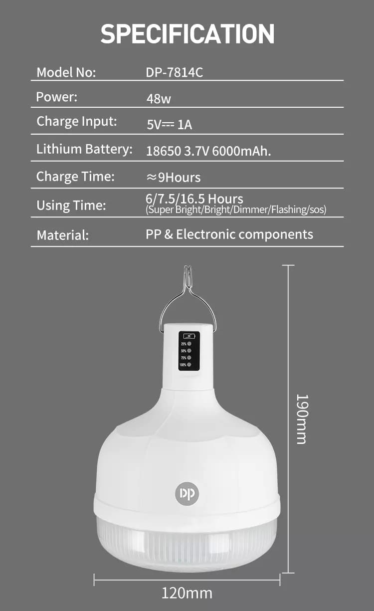 چراغ شارژی آویزی 48 وات DP-7814C | ضدآب، مناسب کمپینگ و بی برقی — تصویر ۳