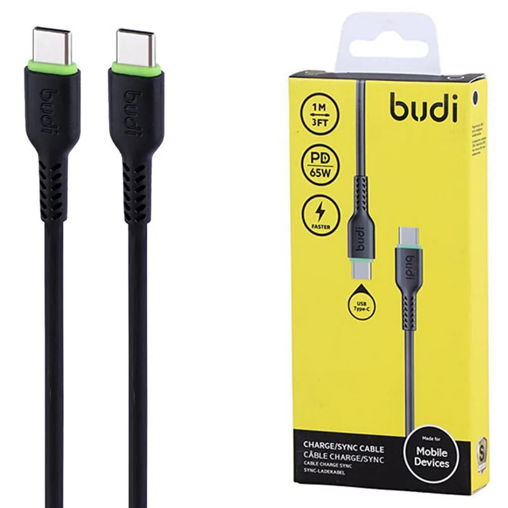 کابل فست شارژ USB-C به USB-C بودی مدل Budi DC158TT10 توان 65 وات طول 1 متر با گارانتی ۱۸ ماهه شرکتی (۶ ماه تعویض)