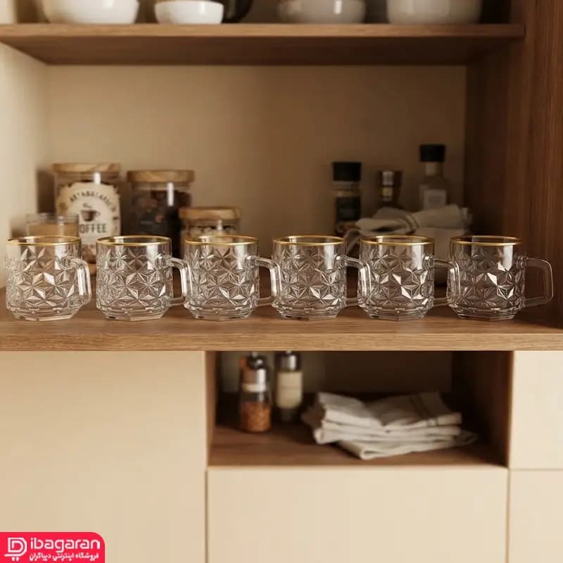فنجان چای بلور طرح الیکا لب طلایی 6 عددی