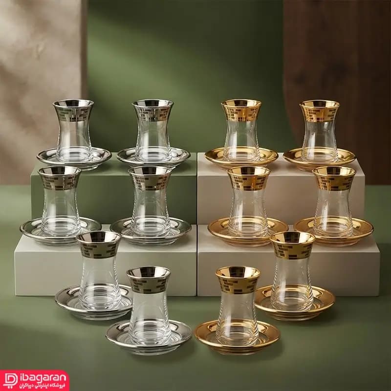 استکان کمر باریک و نعلبکی بلور کاوه طرح آجری