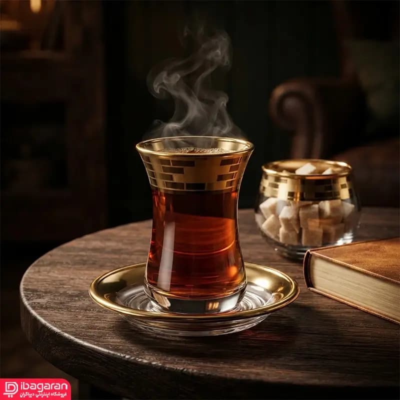 استکان کمر باریک و نعلبکی بلور کاوه طرح آجری — تصویر ۸