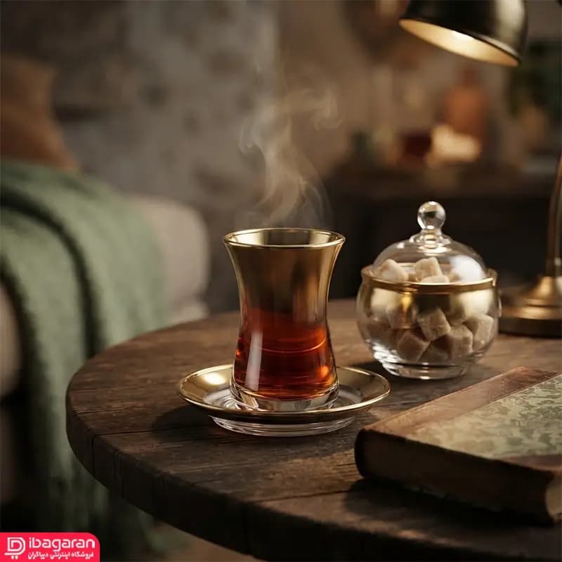 استکان کمر باریک و نعلبکی بلور کاوه طرح متالیک — تصویر ۸