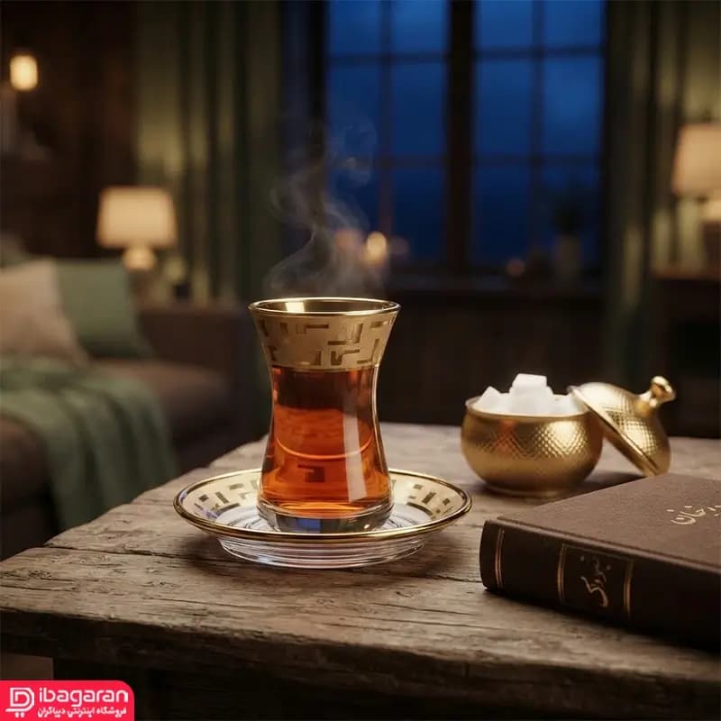 استکان کمر باریک و نعلبکی بلور کاوه طرح یونانی — تصویر ۸