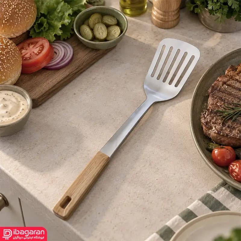 کفگیر آشپزی استیل دسته چوبی ریما مدل 13291