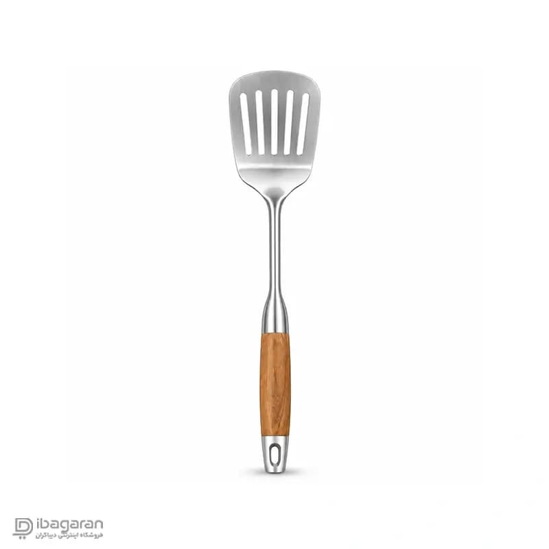کفگیر تخت استیل دسته چوبی ریما مدل 13287 — تصویر ۶