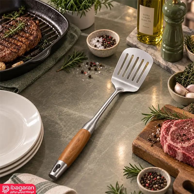 کفگیر تخت استیل دسته چوبی ریما مدل 13287