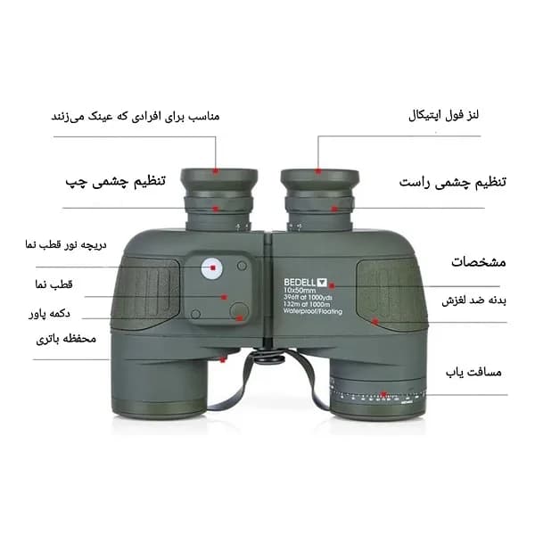 دوربین دوچشمی شکاری بیدل BEDELL 10×50 قطبنما دار رتیکال دار — تصویر ۵