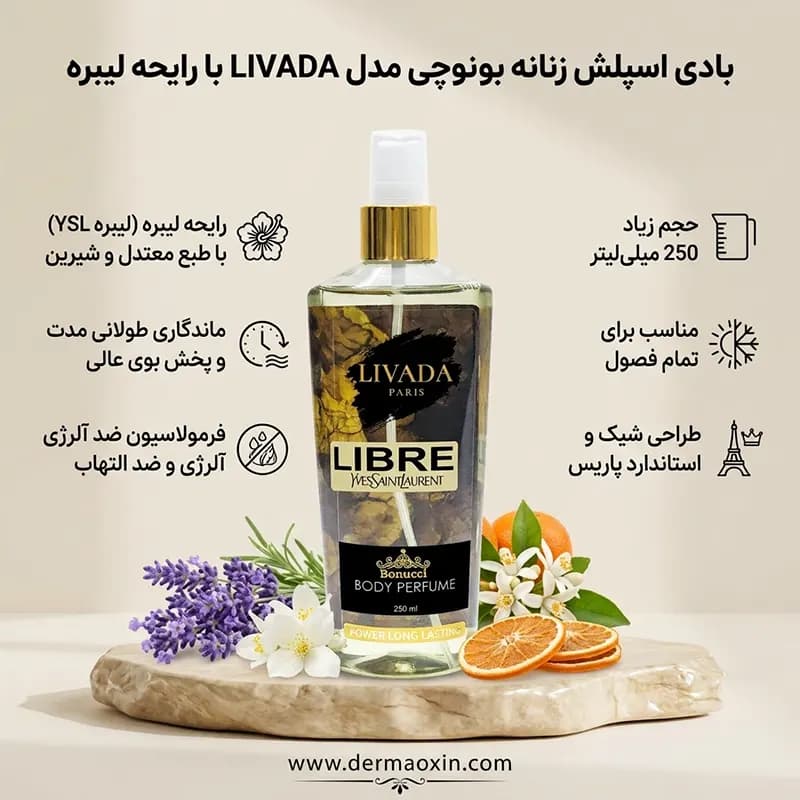 بادی اسپلش زنانه بونوچی مدل LIVADA با رایحه لیبره حجم 250 میلی‌ لیتر — تصویر ۲