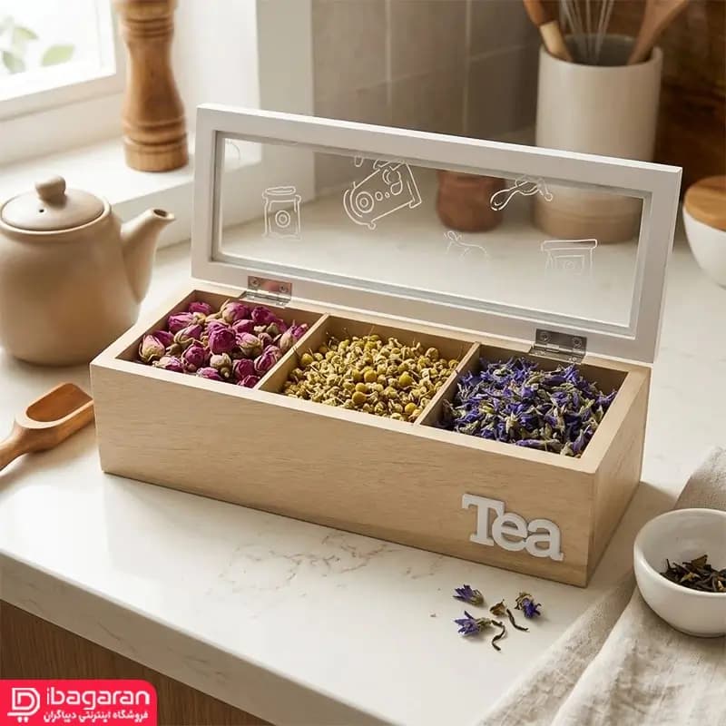 جعبه تی بگ و دمنوش چوبی سه خانه