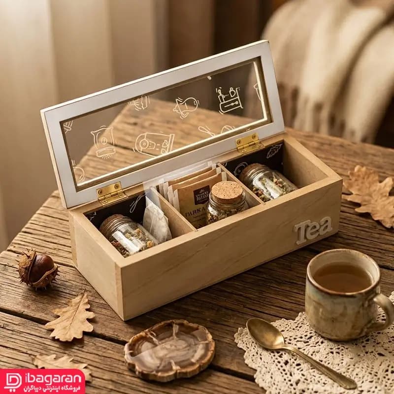 جعبه تی بگ و دمنوش چوبی سه خانه — تصویر ۷