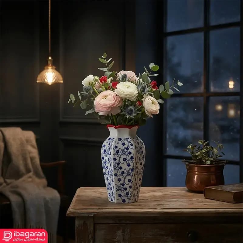 گلدان خمره ای سرامیکی طرح شکوفه آبی — تصویر ۶