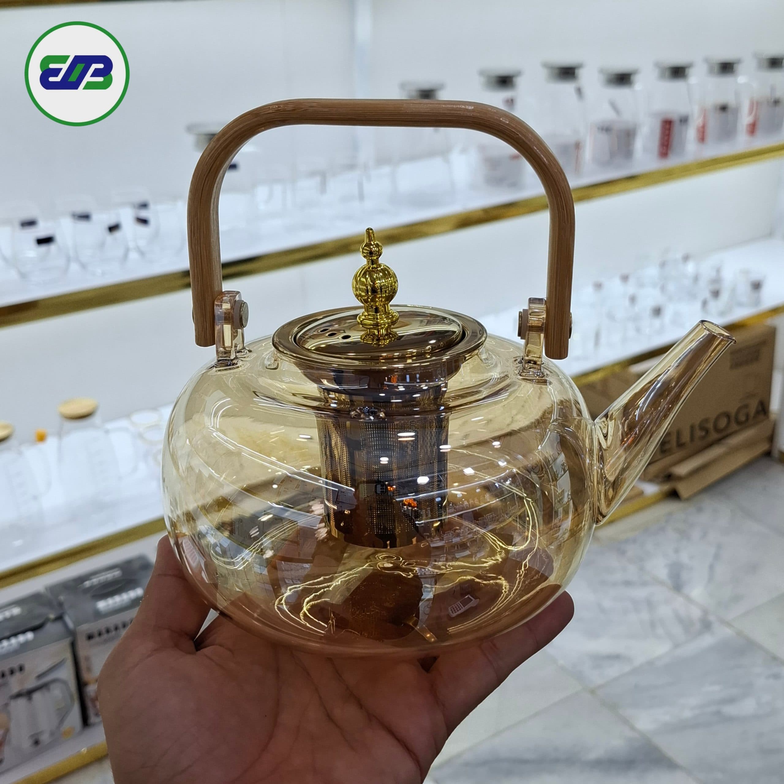 قوری پیرکس شعله مستقیم شامپاینی صافی طلایی دسته بامبو