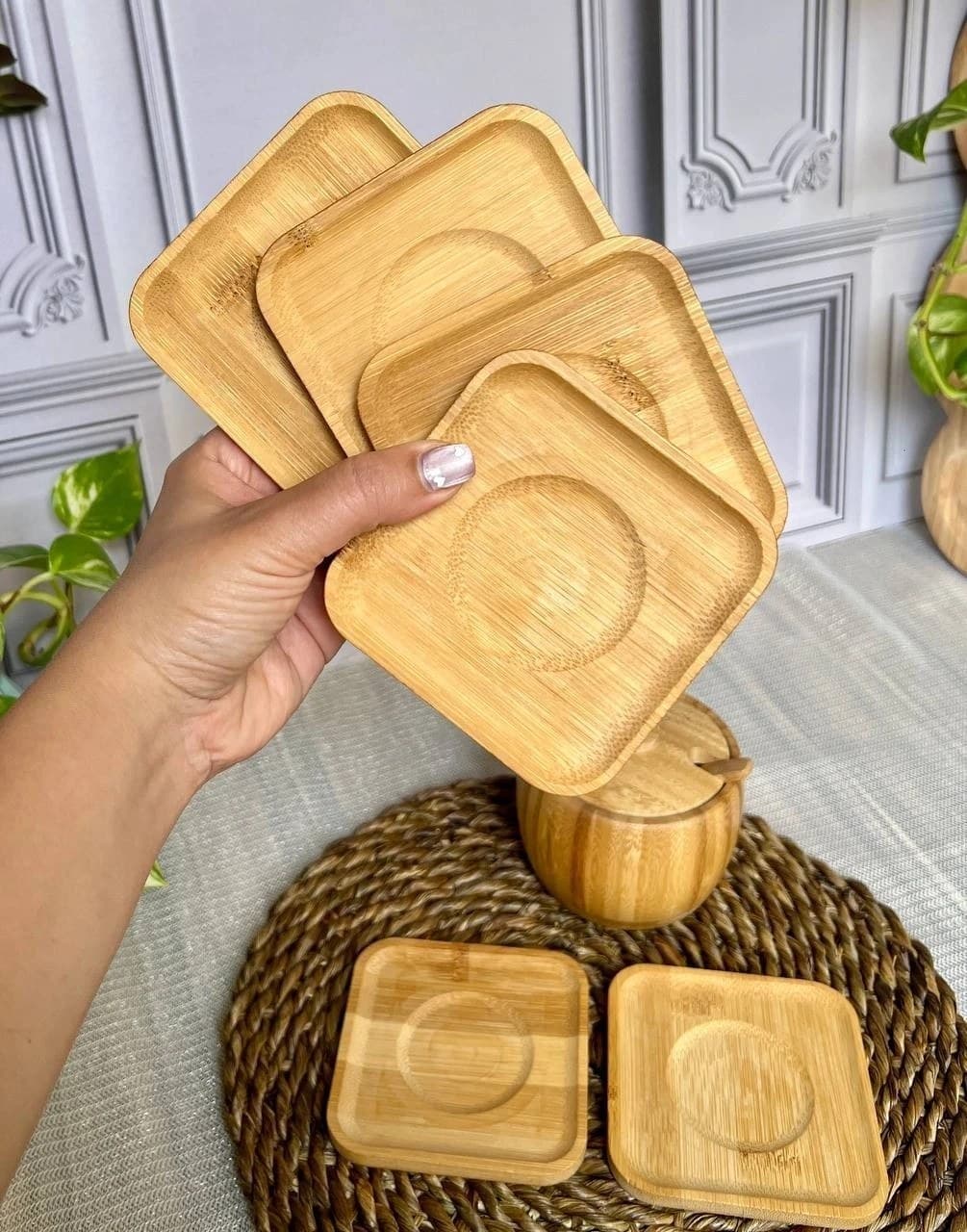 نعلبکی و زیر لیوانی چوب بامبو اصل 6 تایی مدل مربع | BAMBOO WOOD