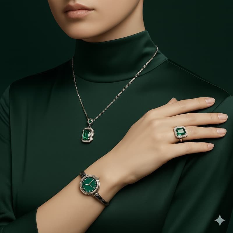 ست زنانه ساعت و گردنبند و انگشتر مدل زمرد — تصویر ۳
