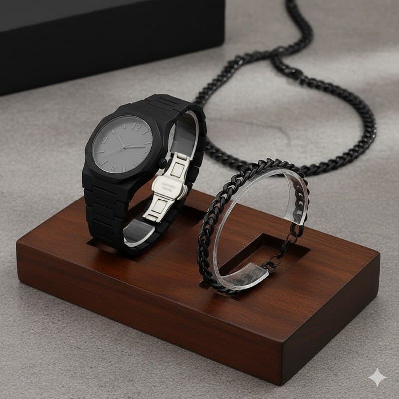 ست مردانه ساعت و دستبند و گردنبند solid black — تصویر ۲