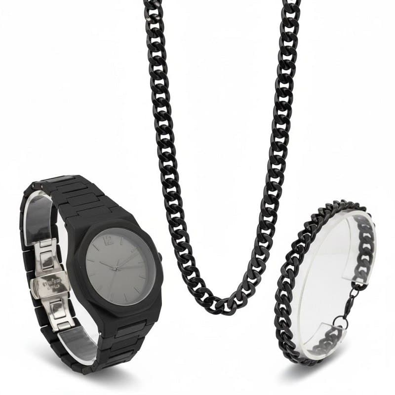 ست مردانه ساعت و دستبند و گردنبند solid black