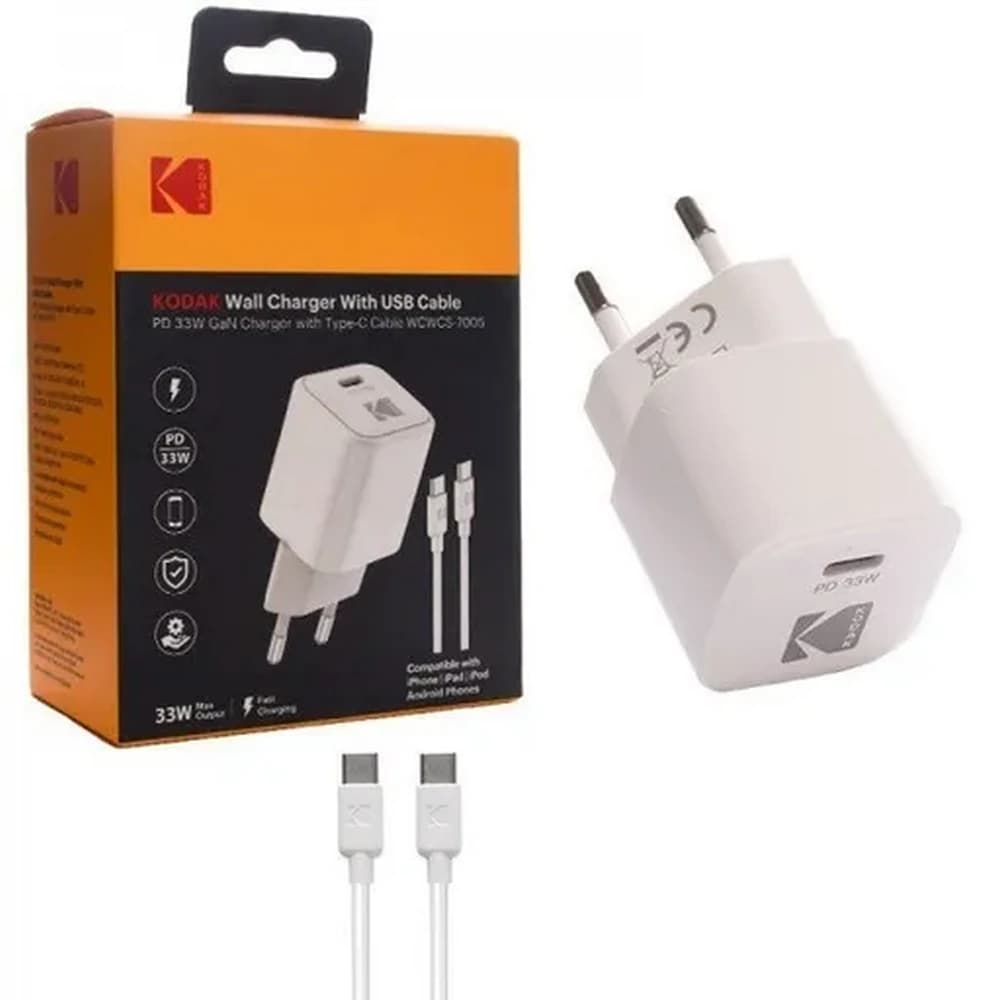 شارژر دیواری کداک 33 وات مدل Kodak WCWCS-7005 به همراه کابل USB-C به USB-C با گارانتی 6ماهه شرکتی