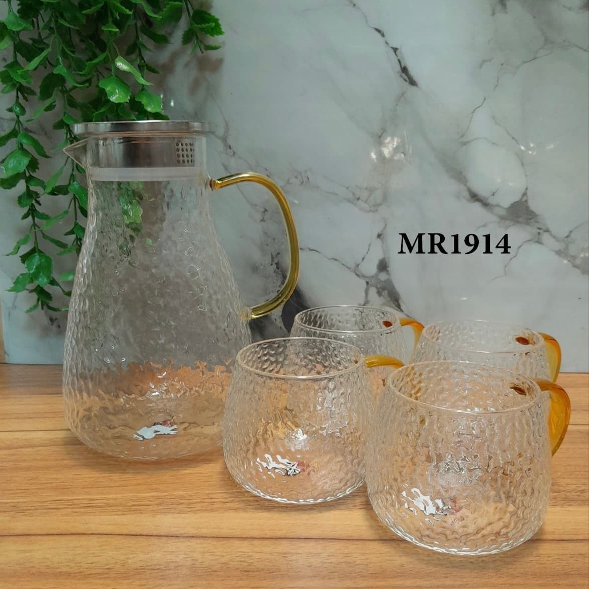ست پارچ و لیوان پیرکس چکشی دسته طلایی ۵ پارچه وارداتی | کد محصول MR1914