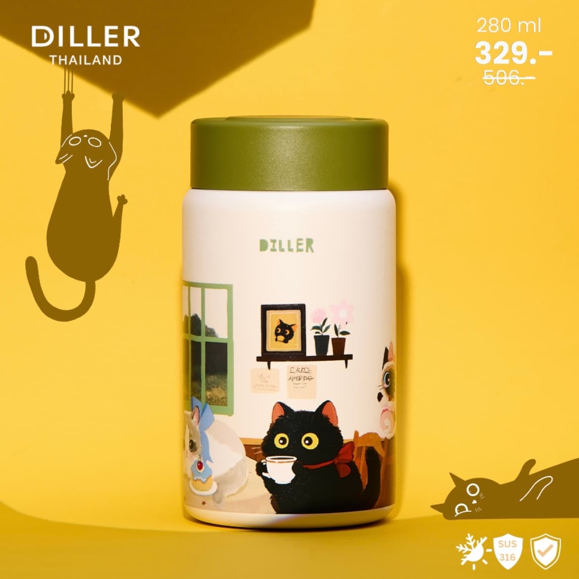 تراول ماگ دیلر گربه پارتی درپیچ ۲۸۰ میل اورجینال | Travel Mug Diller Cat Party — تصویر ۲