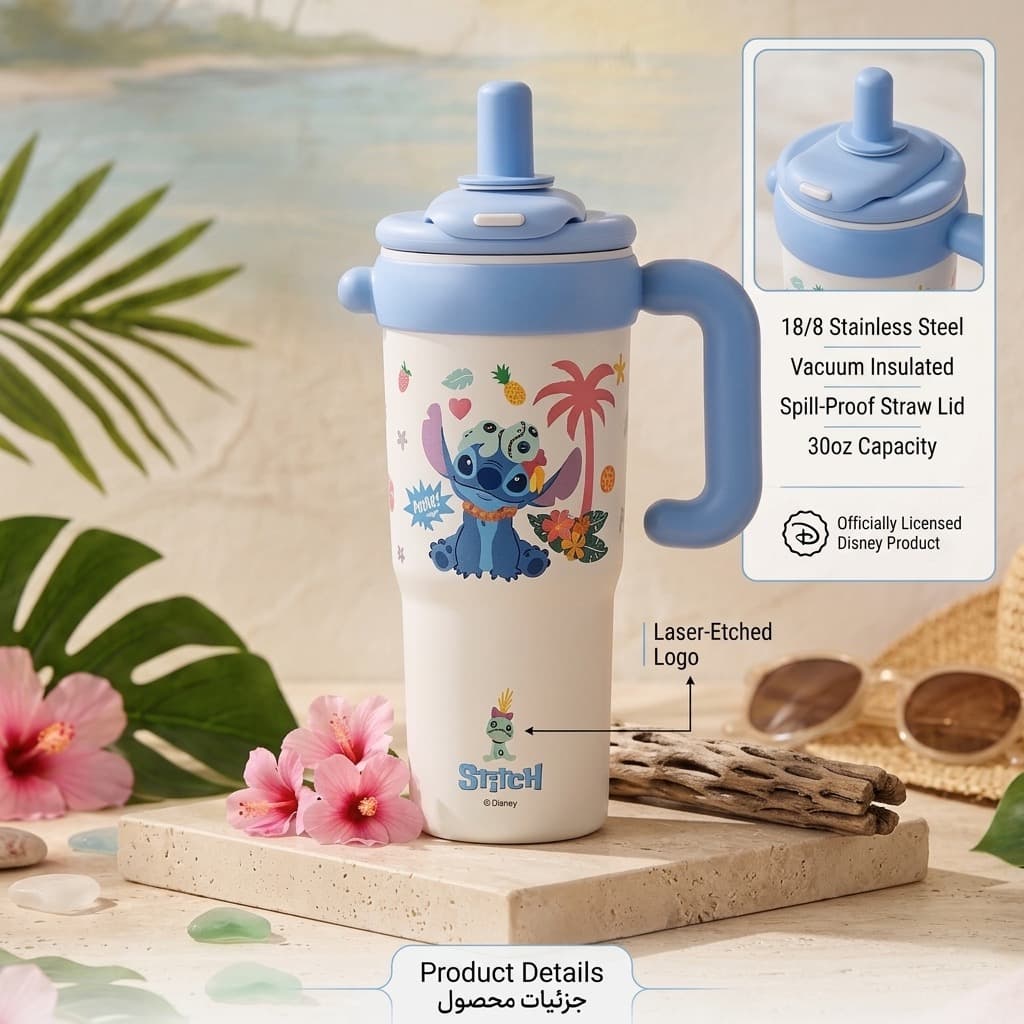 تامبلر استیچ دیزنی ۱۲۰۰ میلی‌لیتر اورجینال | تراول ماگ Disney Stitch استیل ۳۱۶ دسته‌دار — تصویر ۴