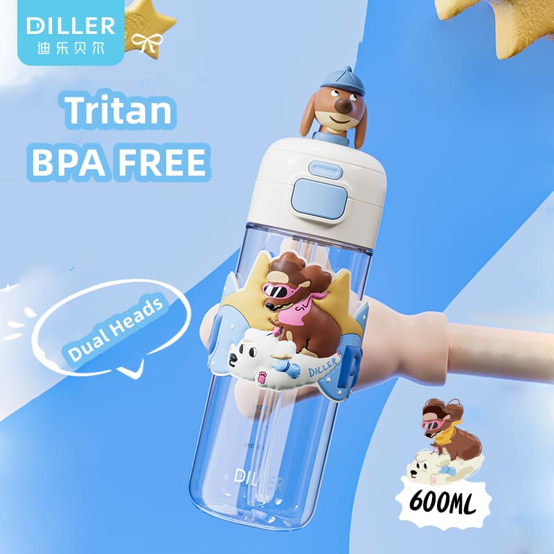 قمقمه دیلر پاپی ۶۰۰ میل تریتان | Blue Puppy با استیکر برجسته سیلیکونی و نی‌دار — تصویر ۲