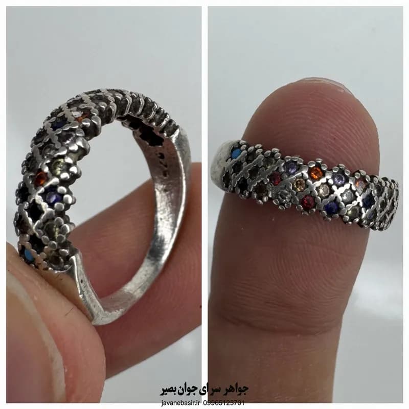 حلقه نقره عیار ۹۲۵ با نگین‌های رنگی و رکاب مشبک؛ رنگین‌کمانی روی انگشت شما