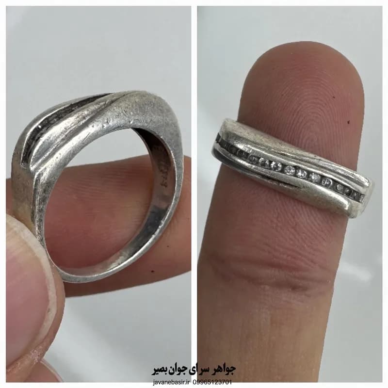 حلقه نقره عیار ۹۲۵ با نگین‌های ریز و رکاب مارپیچ؛ طراحی که چشم را دنبال خود می‌کشد