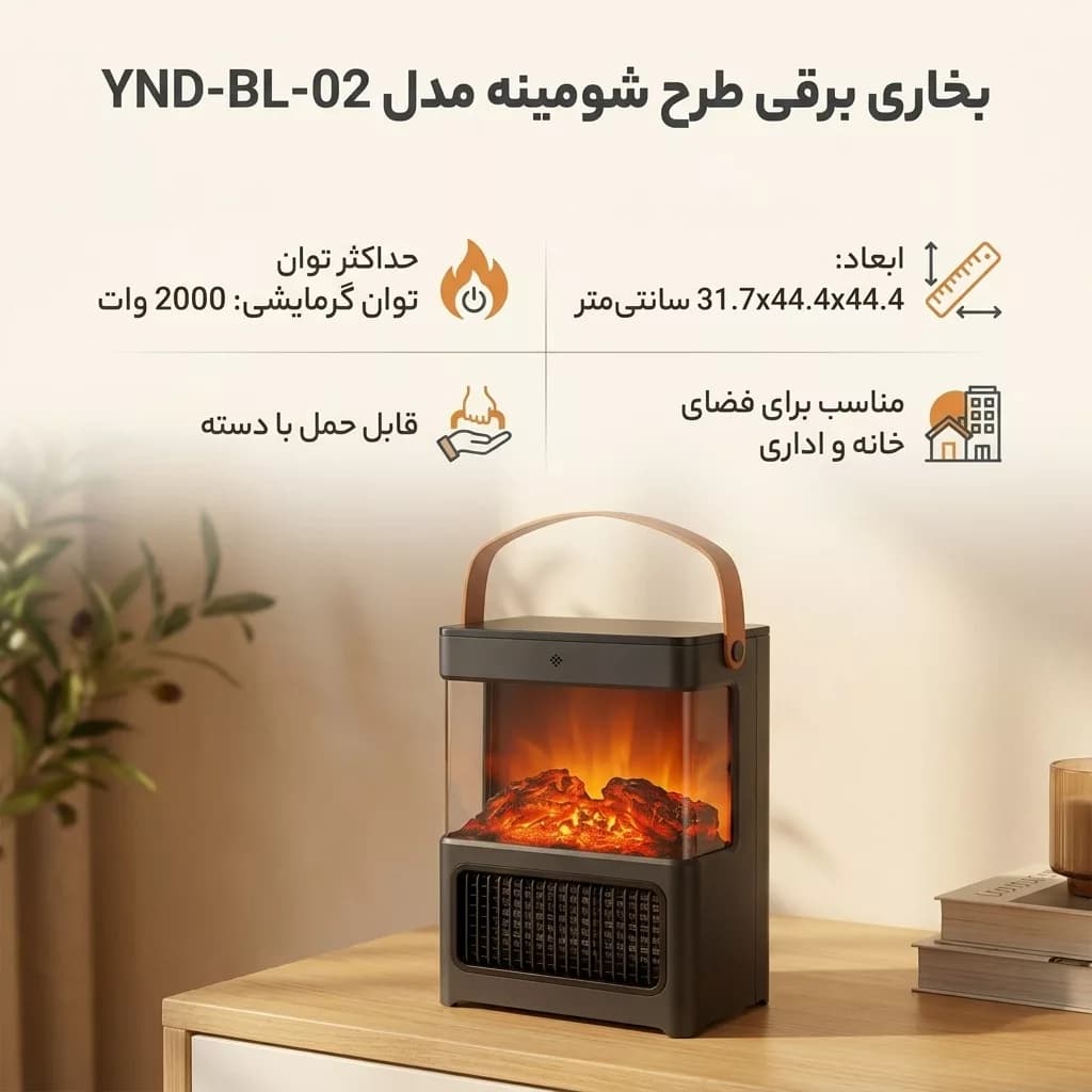 بخاری برقی طرح شومینه مدل YND-BL-02 — تصویر ۹