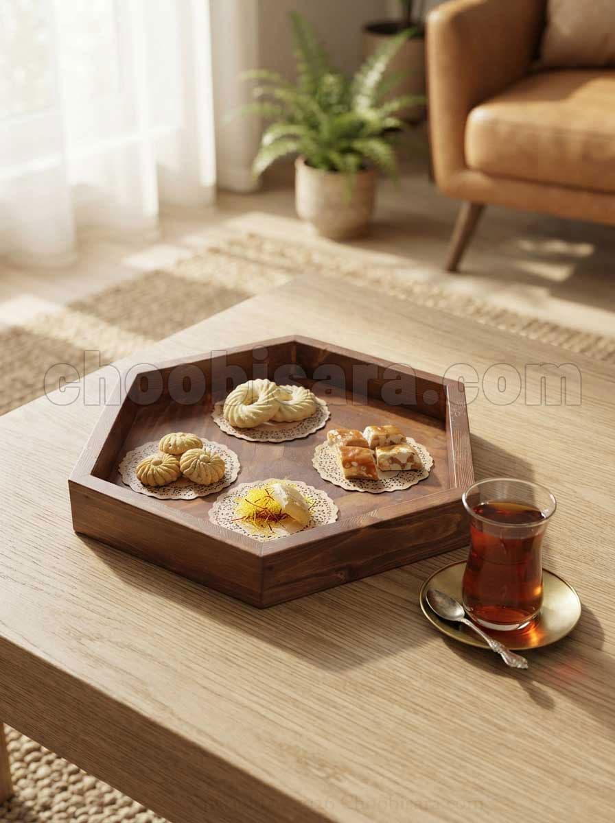 گزخوری و سینی پذیرایی چوبی شش‌ ضلعی ۲۷ سانتی‌متری کد 406