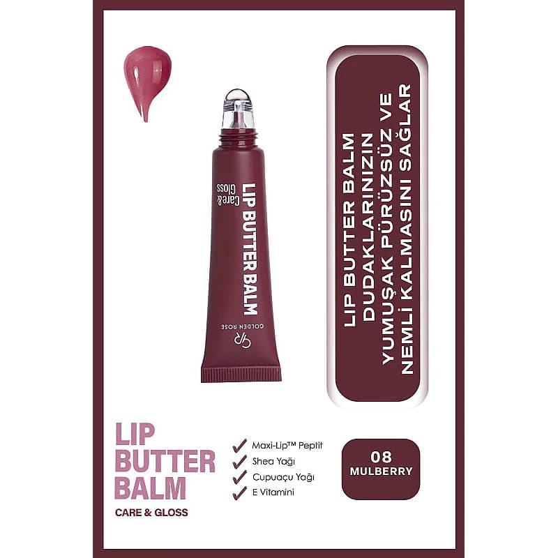 بالم لب تیوبی گلدن رز CARE & GLOSS شماره 08 رنگ MULBERRY — تصویر ۳