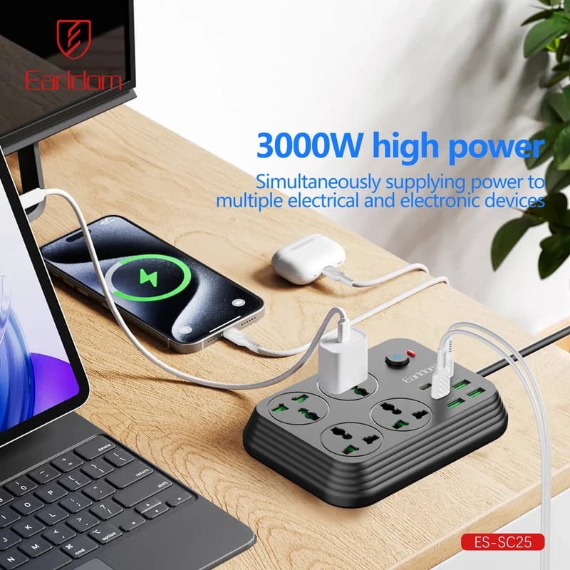 چندراهی برق 3000 وات ارلدام مدل ES-SC25 با کابل 2 متری + شارژر USB و Type-C — تصویر ۲