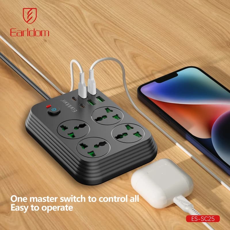 چندراهی برق 3000 وات ارلدام مدل ES-SC25 با کابل 2 متری + شارژر USB و Type-C — تصویر ۶