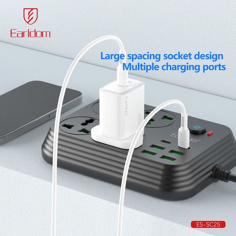 چندراهی برق 3000 وات ارلدام مدل ES-SC25 با کابل 2 متری + شارژر USB و Type-C — تصویر ۸