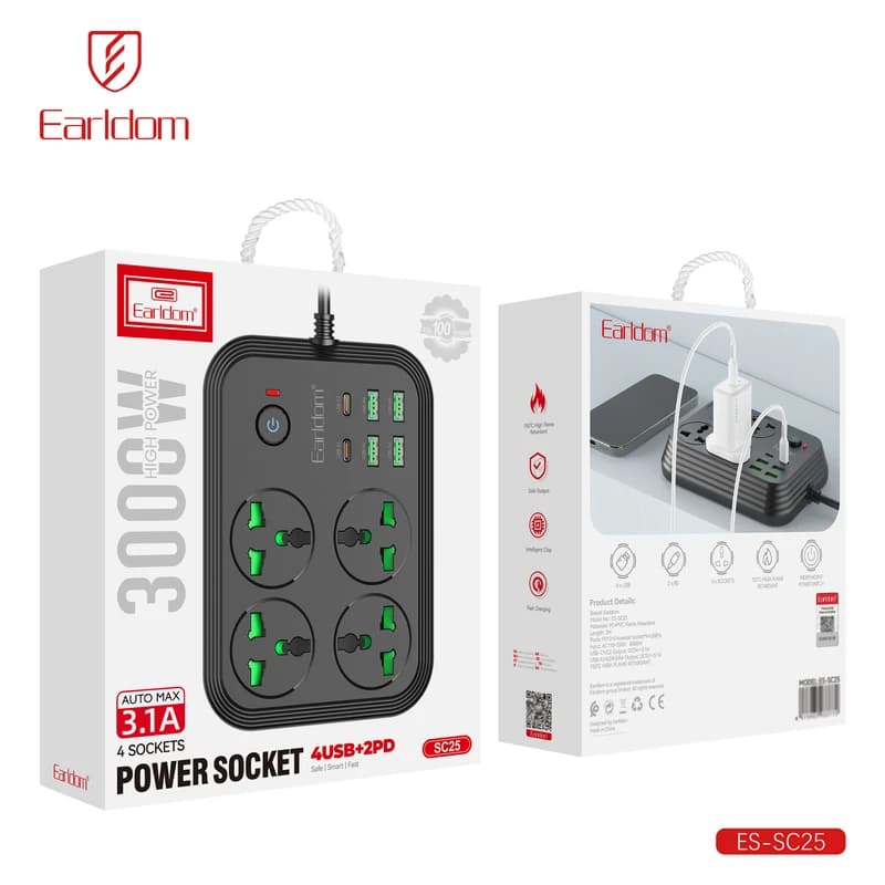 چندراهی برق 3000 وات ارلدام مدل ES-SC25 با کابل 2 متری + شارژر USB و Type-C — تصویر ۵