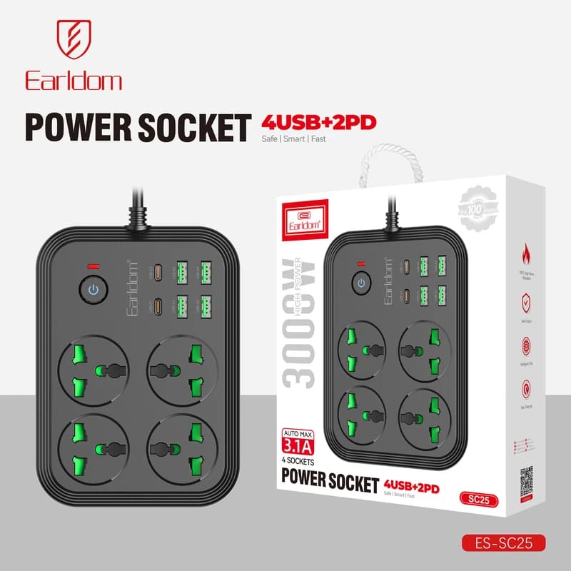 چندراهی برق 3000 وات ارلدام مدل ES-SC25 با کابل 2 متری + شارژر USB و Type-C — تصویر ۷
